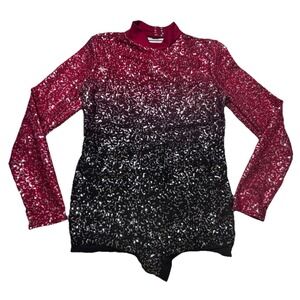 Weissman Sequin Performance Leotard Ombre Red Black Open Back Long Sleeve XLC